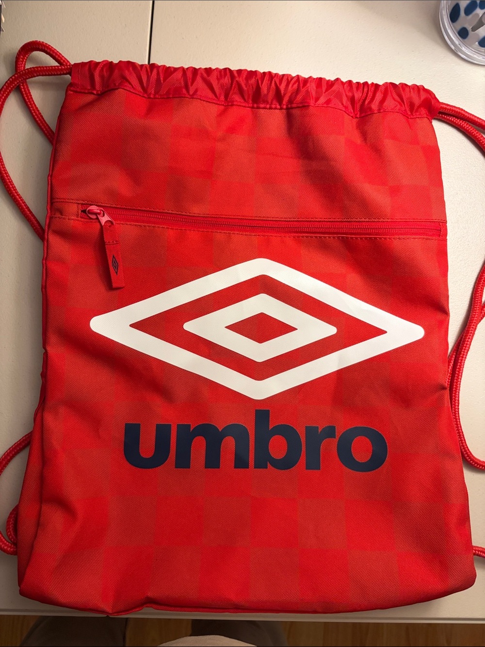 Umbro Red Drawstring Backpack Gym Sports Bag With Front Zipper Pocket